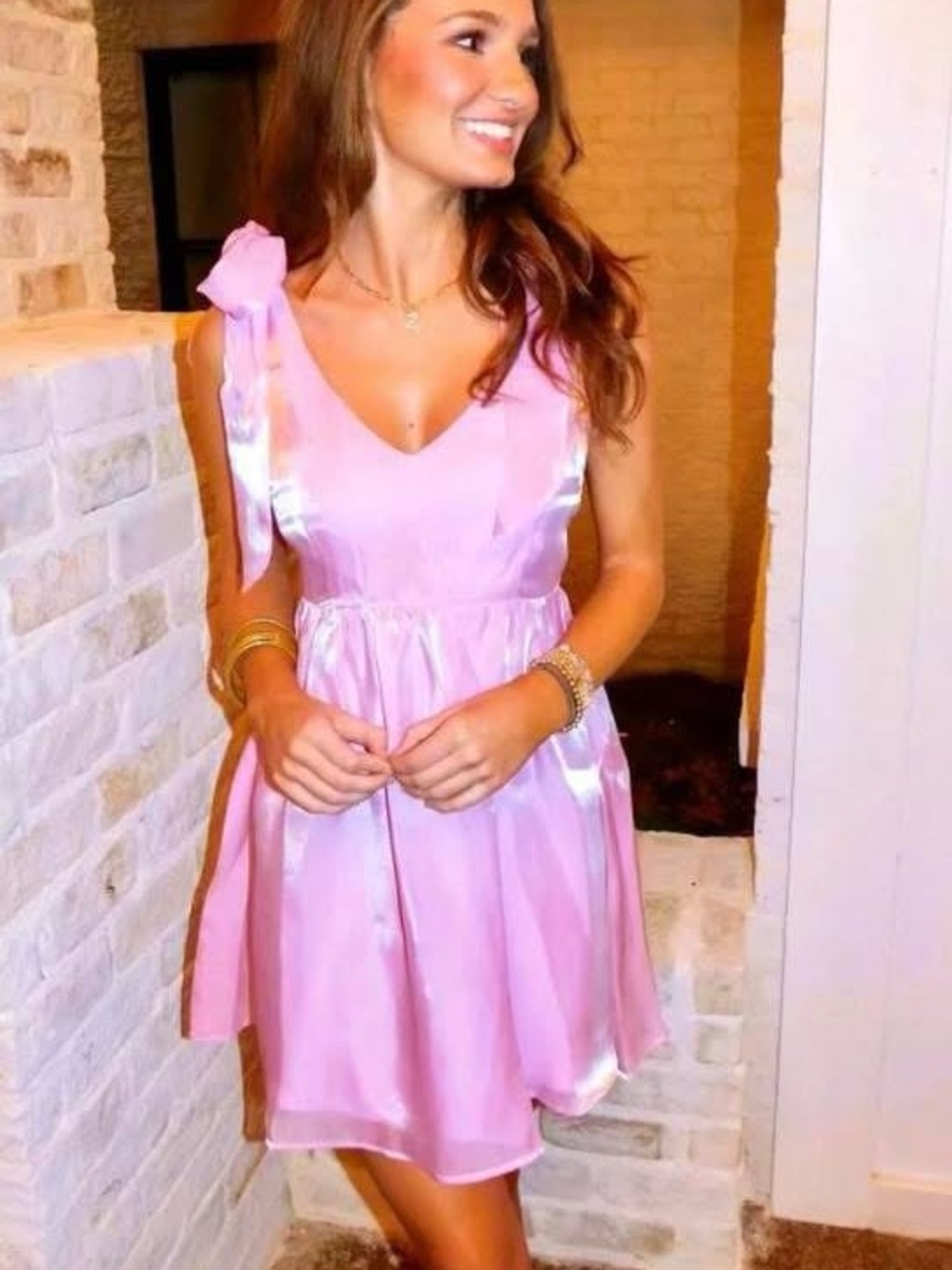 The Vintage Shop Pink Satin Mini Dress with Bow Shoulder